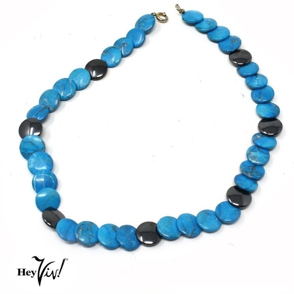 Vintage Choker Necklace Turquoise Blue and Black Flat Beads 15" long - Hey Viv - Picture 1 of 5